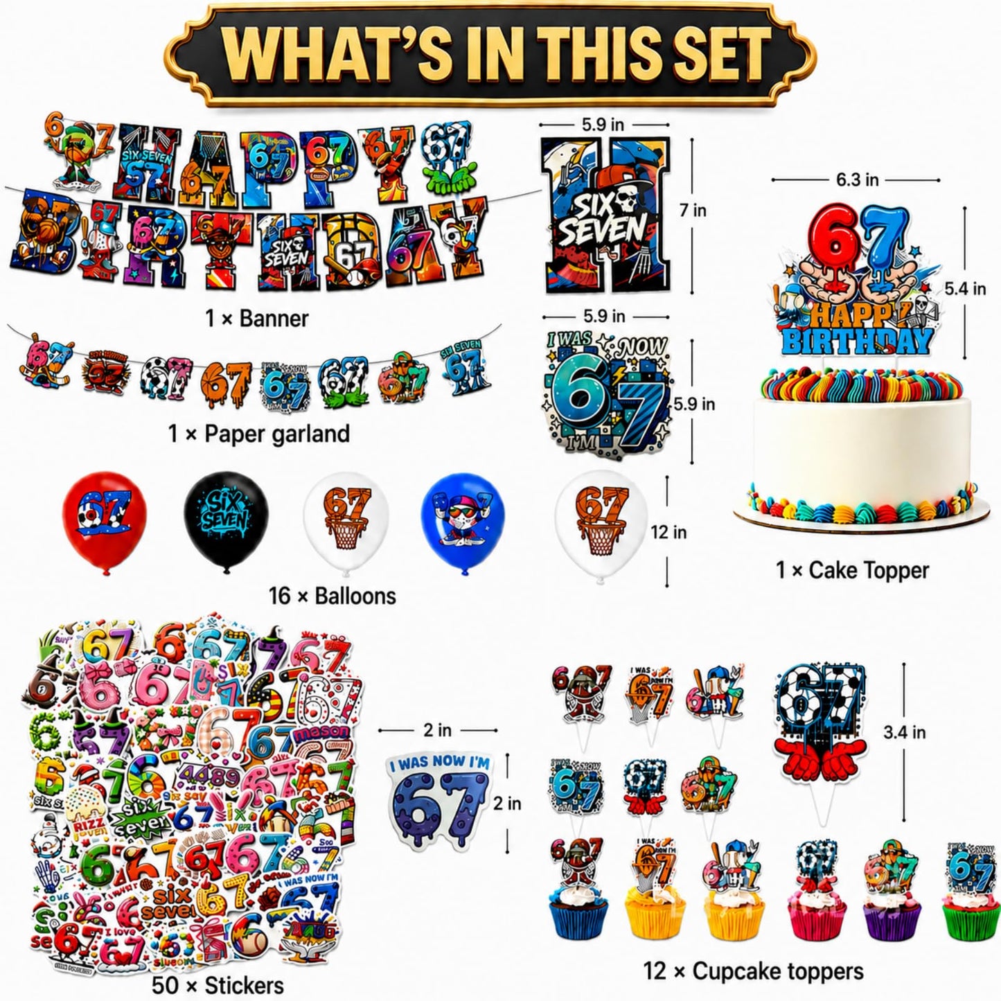 lvyujia 6 7 Birthday Decorations Kit, I Was 6 Now I'm 7 Birthday Decorations, Funny Meme Party Supplies with 50PCS Stickers, Banner, Balloons, Cake & Cupcake Toppers for Indoor Outdoor Party Décor