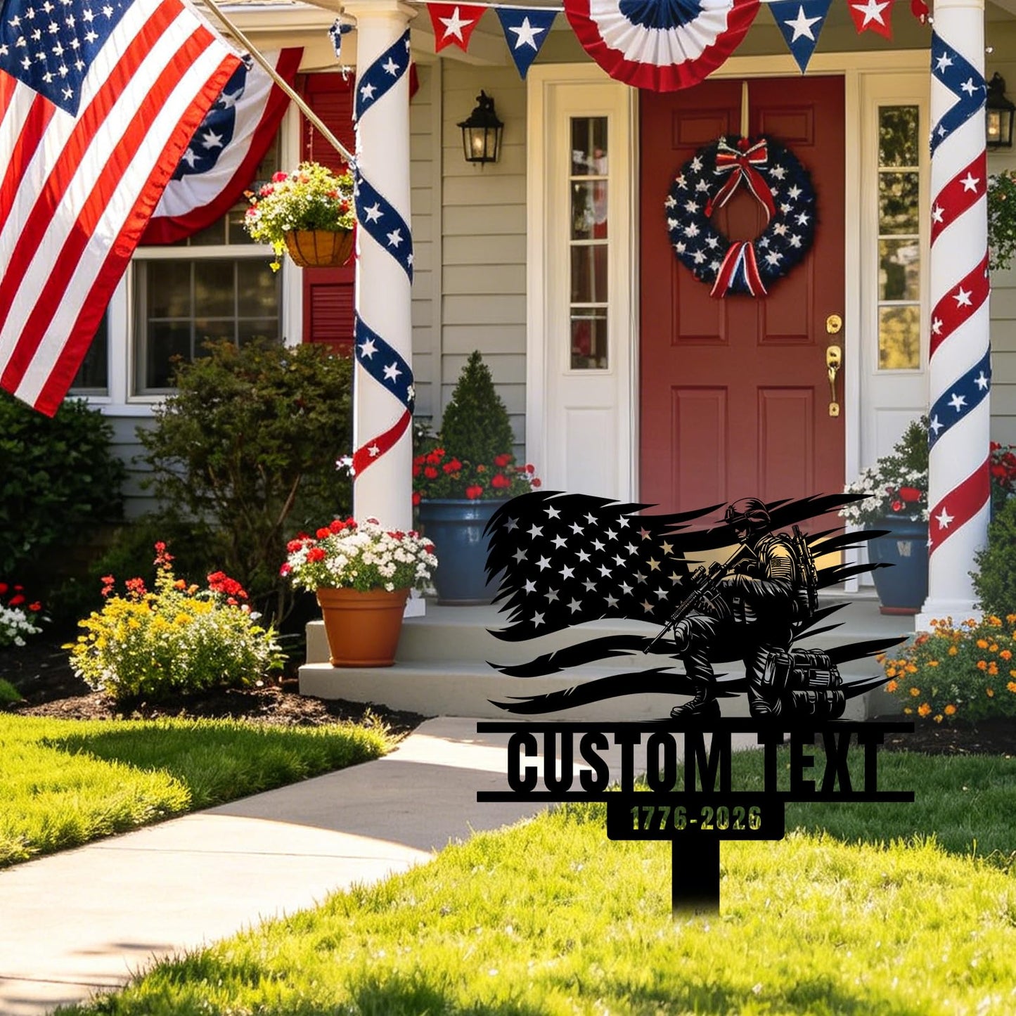 Bliver Personalized USA 250th Anniversary Metal Garden Stake Custom American Patriotic Yard Sign with Family Name Durable Weatherproof Decor for Lawn Memorial Display 10-28 Inch