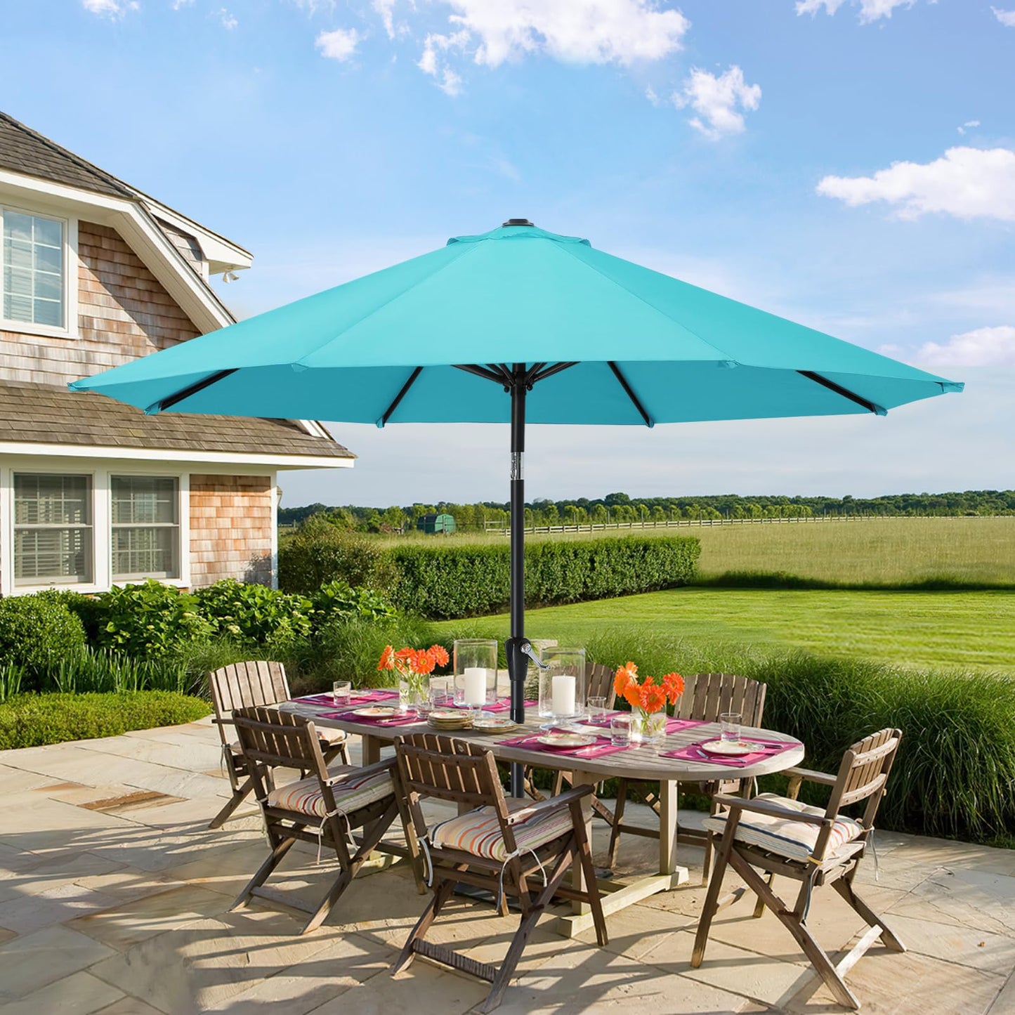 MASTERCANOPY 9FT Patio Umbrella with Push Button Tilt and Crank, Outdoor Market Umbrella with 8 Sturdy Ribs, UV Protection & Waterproof for Garden, Deck, Backyard, Pool (Turquoise)