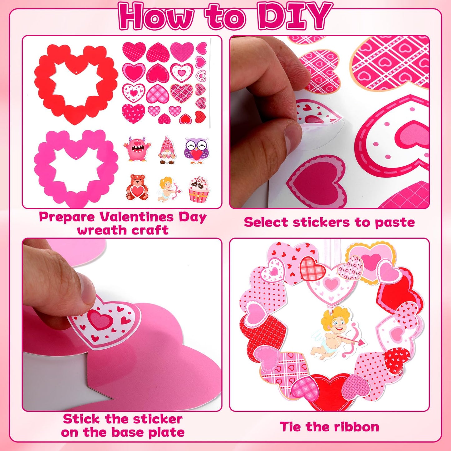 Lonfliness 24 Sets Valentines Wreath Craft for Kids DlY Hanging Decor Valentine's Day Heart Paper Wreath Craft Ornament with Heart Stickers Valentines Party Supplies for School Classroom Activities