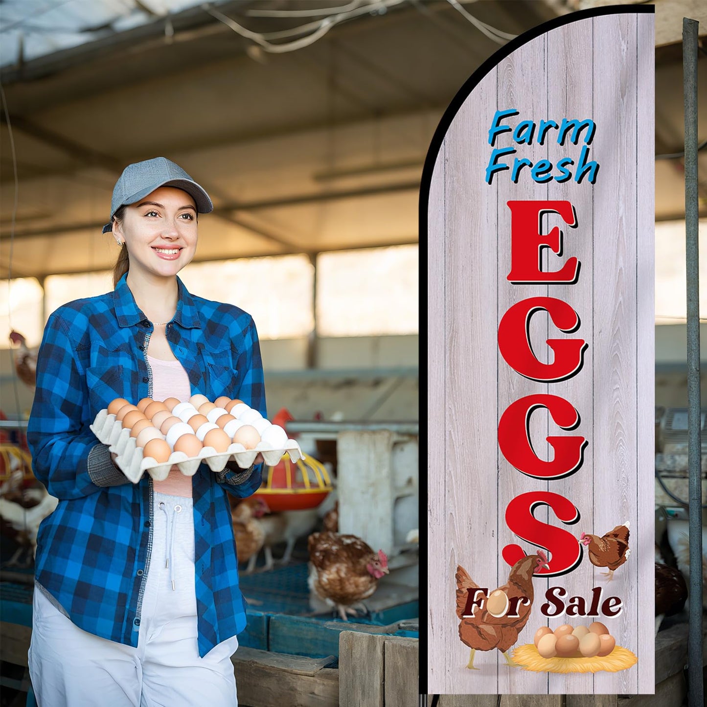 2 Sets Farm Fresh Eggs Feather Flag for Businesses Fresh Eggs Themed Swooper Banner Sign with Carbon Fiber Pole and Ground Stake Portable Bag Advertising Flag Banner for Business Advertising Outside