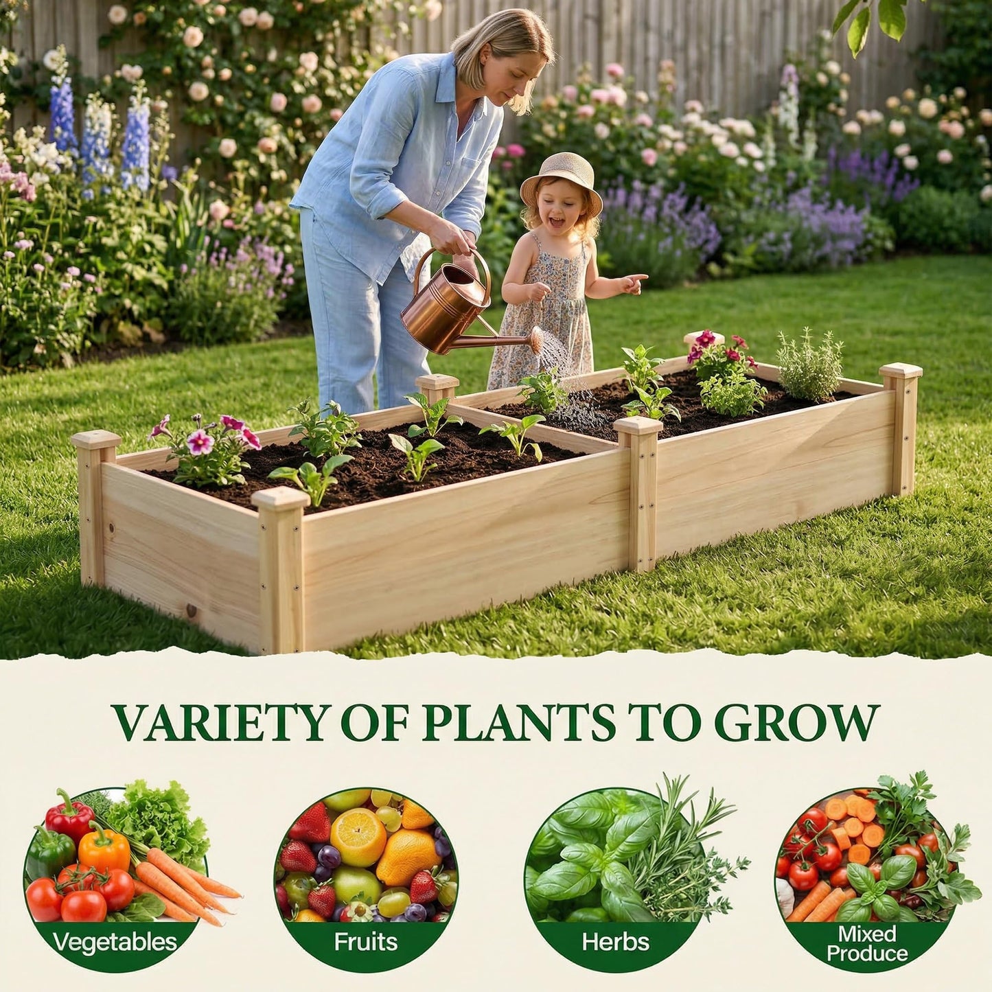 ZSYWODFO 8x2ft Outdoor Wooden Raised Garden Bed, Elevated Planter Box for Vegetables/Garden/Lawn/Patio, Natural Wood, 96 x 24 x 9in