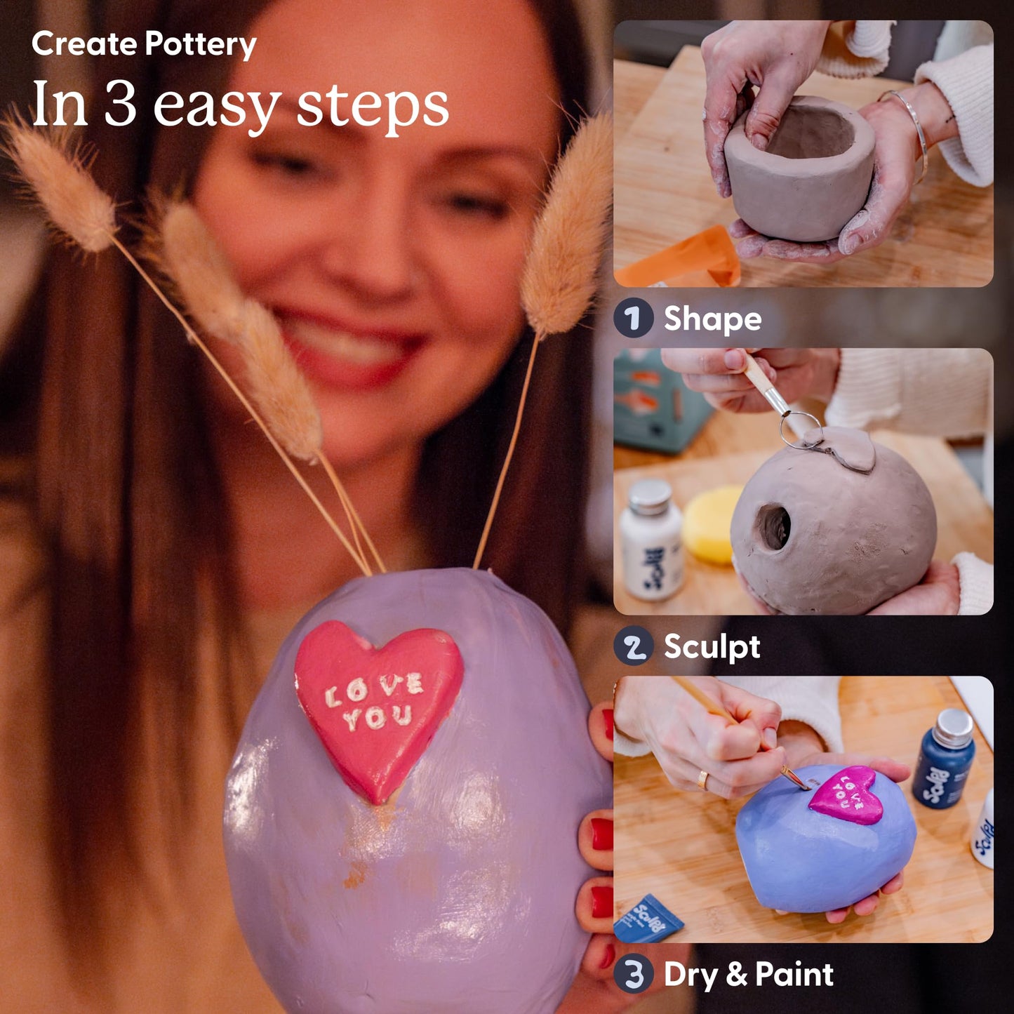 Sculpd - The Original Pottery Kit for Adults - Air Dry Clay for Adults, Tools, Varnish, Paints, Brushes, Couples Date Night Arts & Crafts Set, Gloss Varnish with Floral Tones