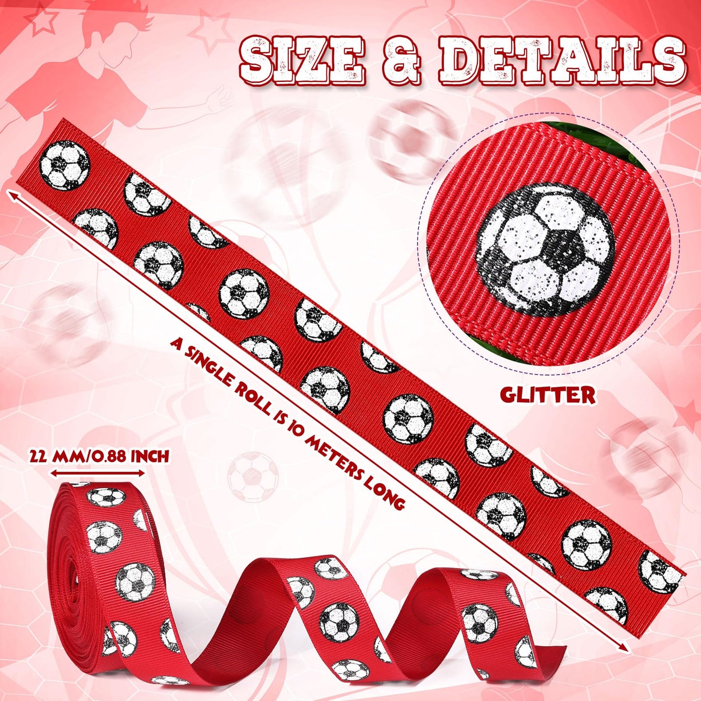 ROCEEI 10 Yards Soccer Ribbon Glitter Soccers Pattern 7/8 Inch Craft Grosgrain Ribbon Party Decorations for Gift Package Wrapping, Floral Design, DIY Hair Bow, Crafting(Red)