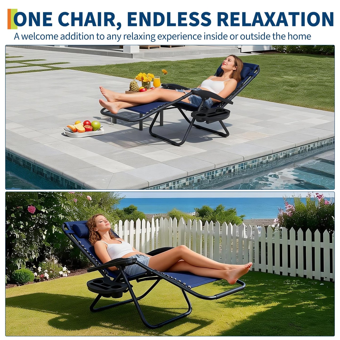 Garvee Outdoor Reclining Lounge Chair Set of 2 with Cup Holder & Padded Headrest, Adjustable Patio Folding Chairs, Heavy Duty Portable Camping Lawn Chairs for Pool, Backyard, Beach, Deck Blue