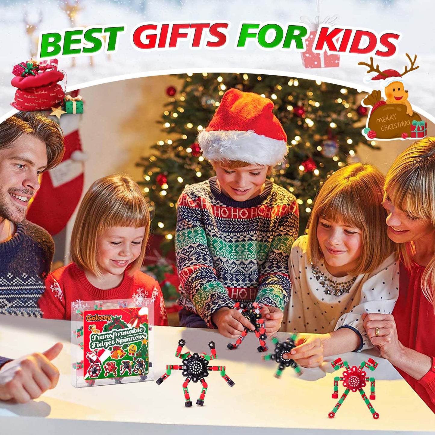 Gokeey Christmas Fidget Toys Transformable Fidget Spinners for Kids and Adults, Stress Relief Sensory Toys for Boys and Girls Fingertip Gyros for ADHD Autism for Kids Birthday Gifts