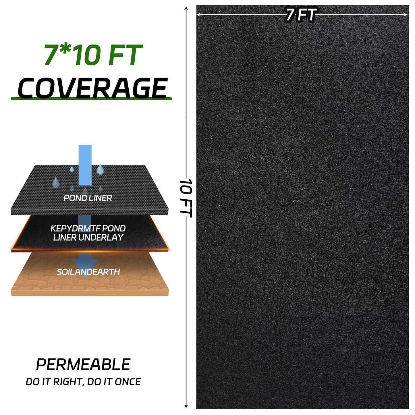 KEPYDRMTF 7 x 10 Feet Pond Liner Underlayment, Outdoor Ponds Underlayment, Non-Woven Geotextile with 15 U-Pins for Landscaping Streams Fountains and Garden Waterfall
