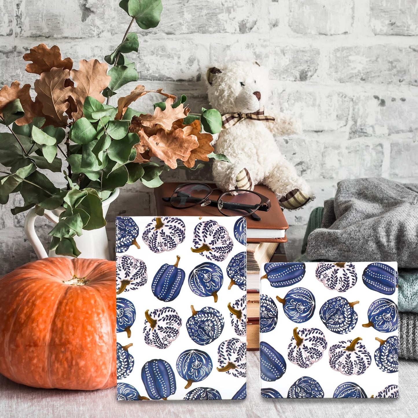 JarThenaAMCS Fall Porcelain Pumpkin Wrapping Paper -Mini Roll- 17 In x 32.8 Ft Chinoiserie Blue Pumpkin Gift Wrap Paper for Autumn Thanksgiving Birthday Party