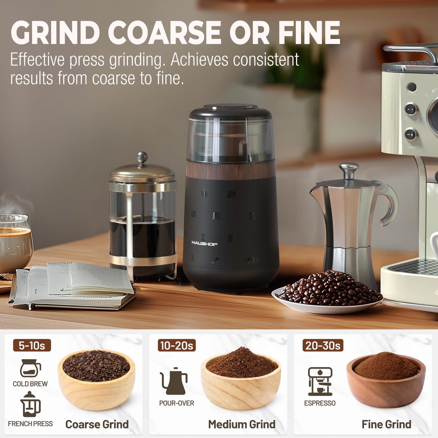 HAUSHOF Coffee Grinder Electric, One Touch Design, Spice, Herb, Grinder for Coffee Bean Spices and Seeds with 1 Removable Stainless Steel Bowl, Dry Grinder-Black