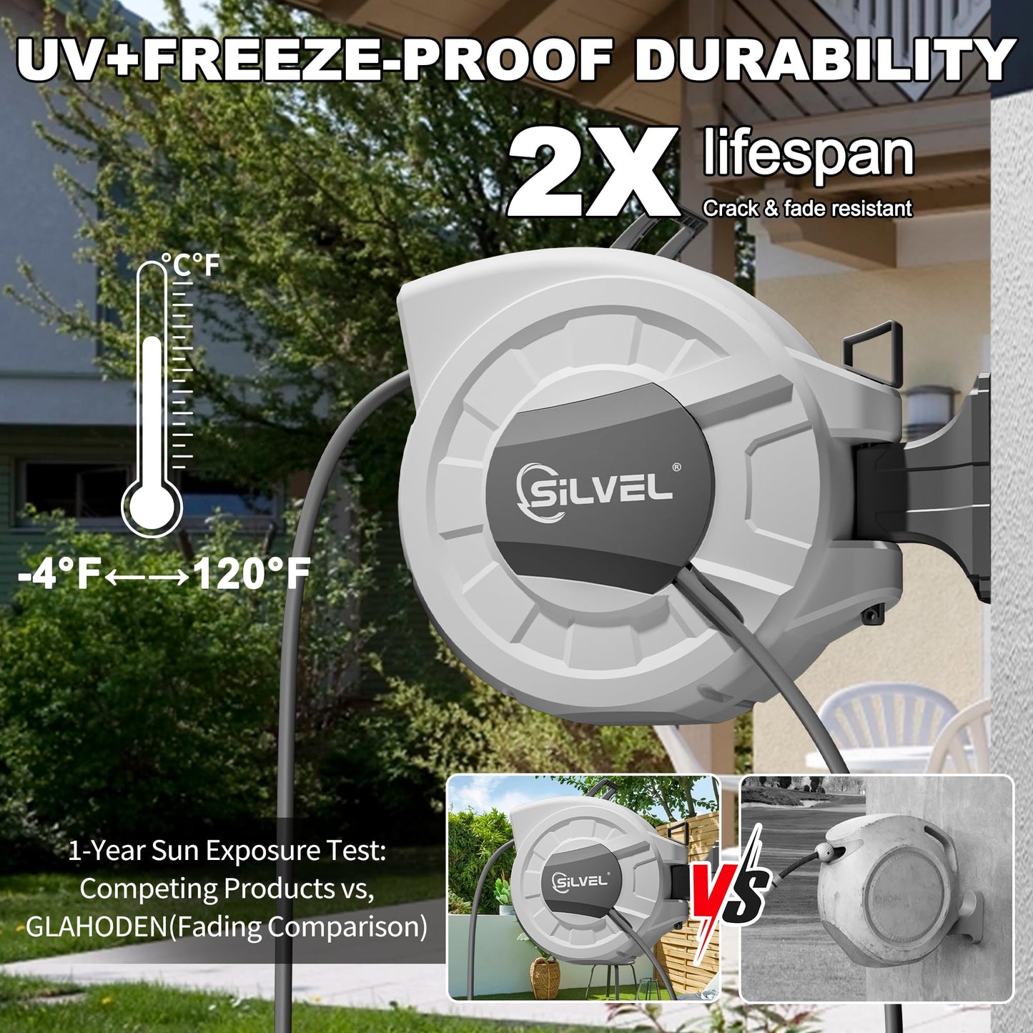 Retractable Garden Hose Reel, 1/2" x 100ft Wall Mount Heavy Duty Automatic Hose Reel with 10 Pattern Nozzle, Any Length Lock & Slow Return System, 180°Swivel Bracket Upgraded UV Resistant,Light Grey