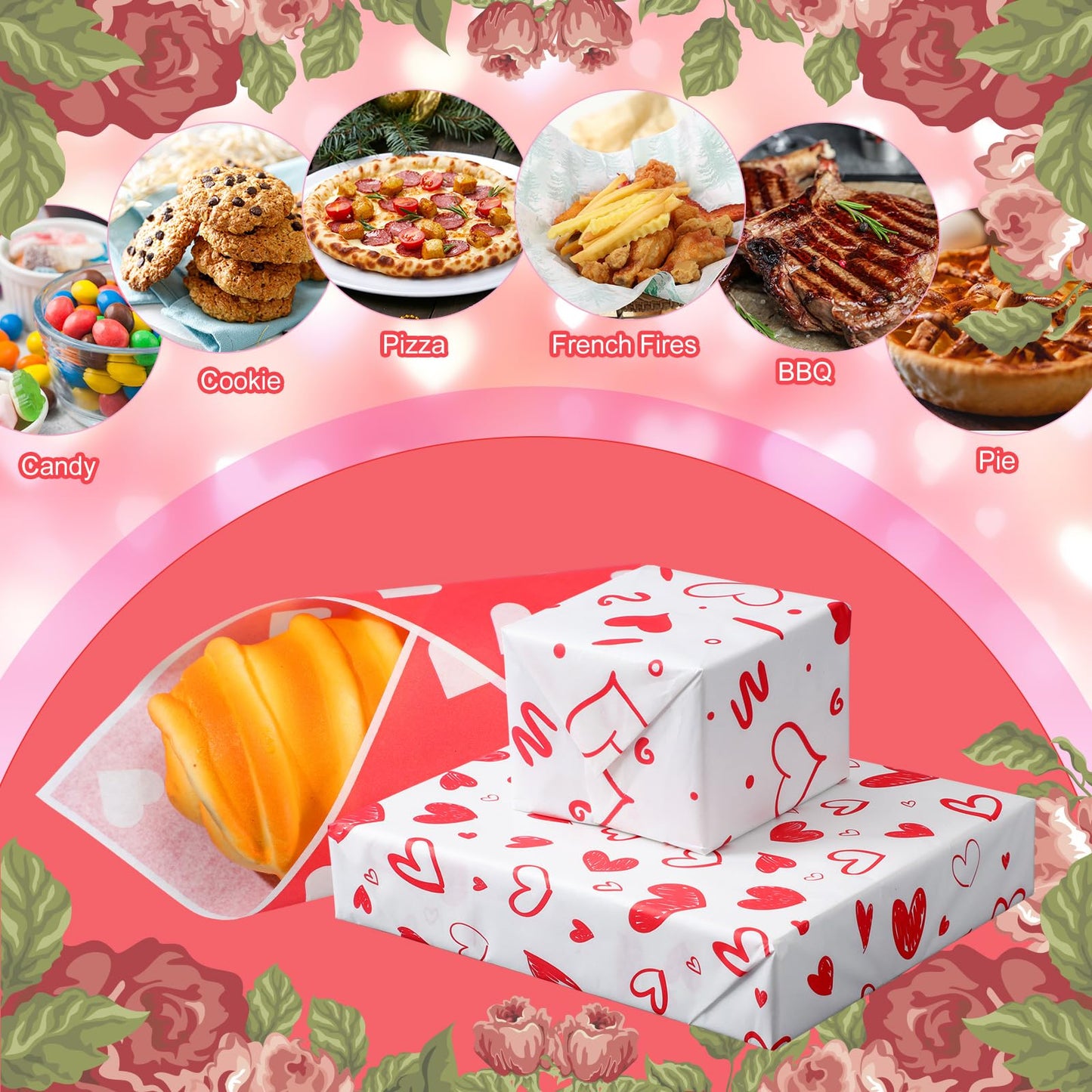 Ireer 300 Pcs Red Heart Wax Paper Sheets Parchment for Food Deli Paper 12x12 Inch Waterproof 6 Style Heart Valentine Mom Teacher Gift Wrapping Picnic Basket Liners Greaseproof Wrapping Wedding Party
