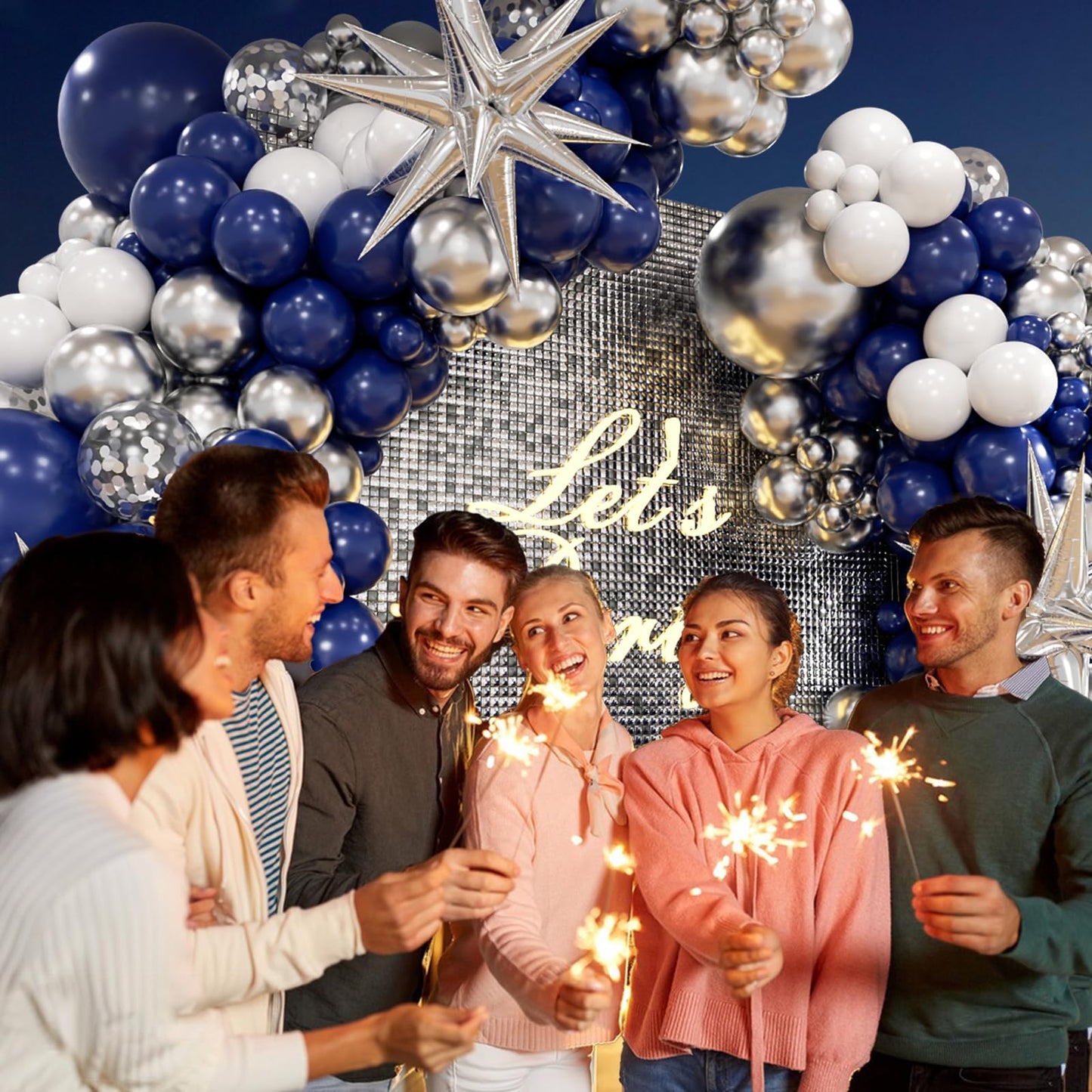 130pcs Navy Blue and Silver Balloon Garland Arch Kit with 3pcs Silver Star Balloons, Royal Blue Metallic Silver White Balloons for Birthday Baby Shower Wedding Graduation Party Decorations