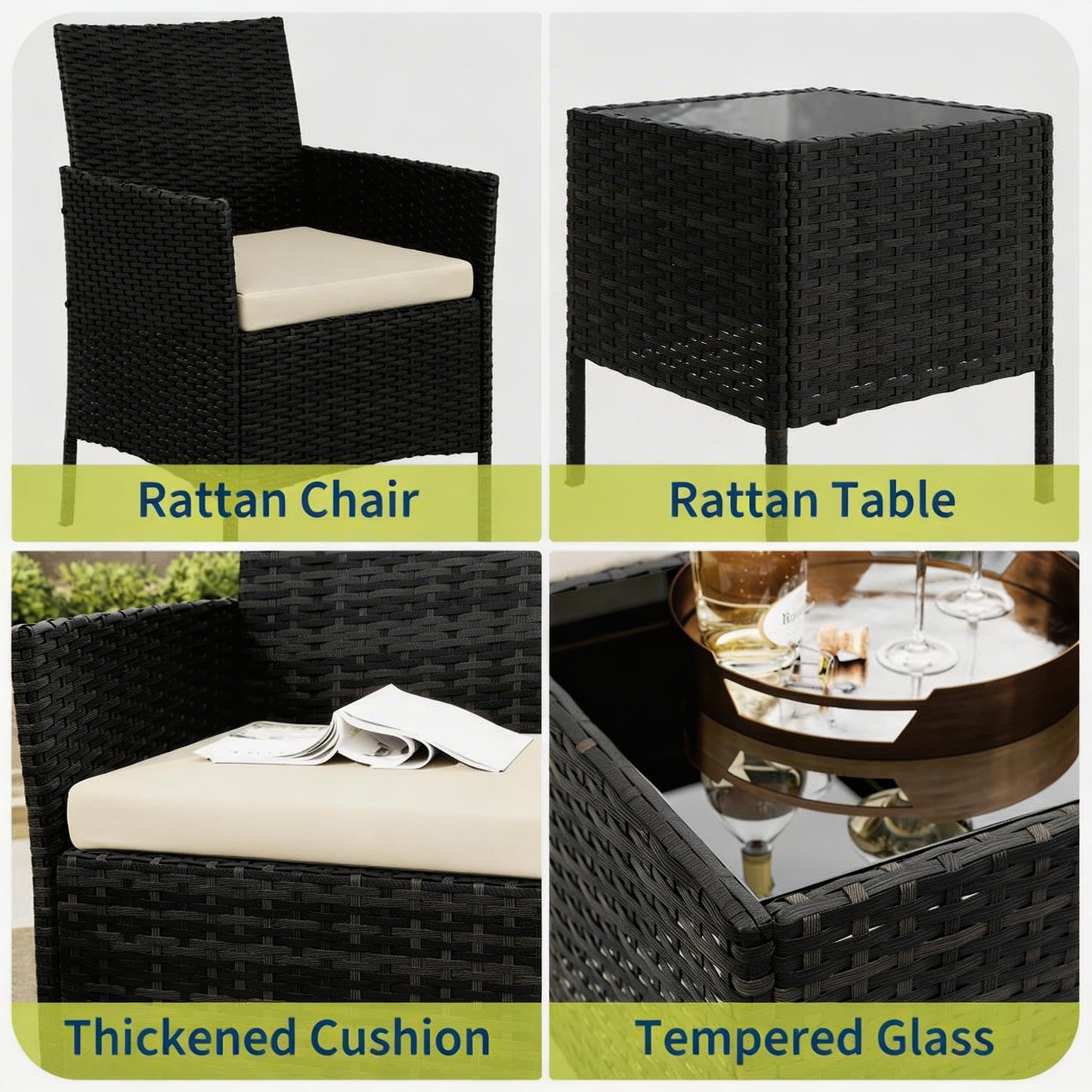 MilleLoom 3-Piece Outdoor Furniture Set, PE Rattan Wicker Chairs with Soft Cushions & Tempered Glass Coffee Table - All-Weather Patio Set for Garden, Backyard, Porch, Poolside (Black/Beige)