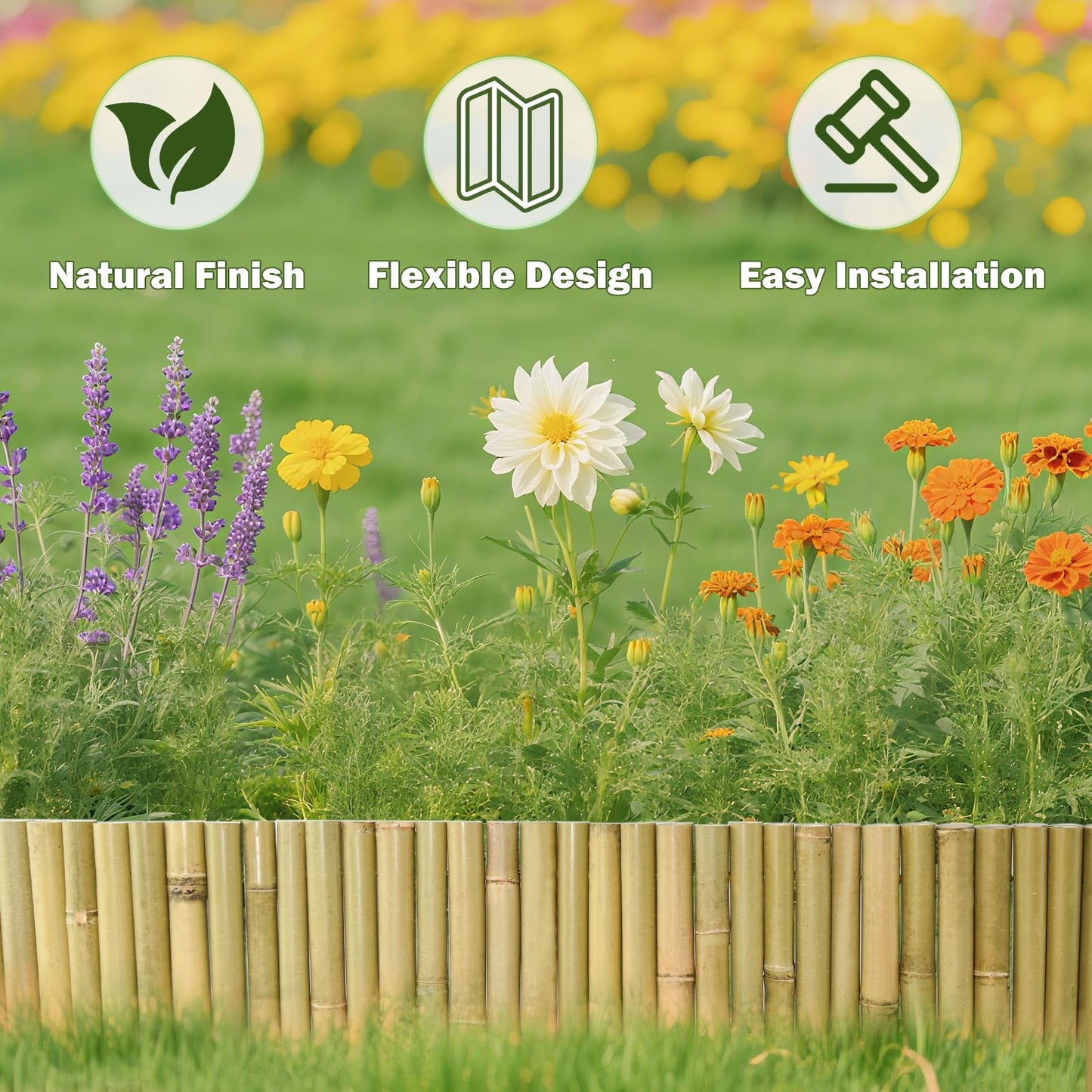 Jollybower 8x39IN Natural Bamboo Edging, Bamboo Garden Border Edging, Outdoor Landscape Edging for Decorative Garden, Patio Flower Garden Bed, Lawn, Yard, Pool Fences（1Pc with 3 Short Poles）