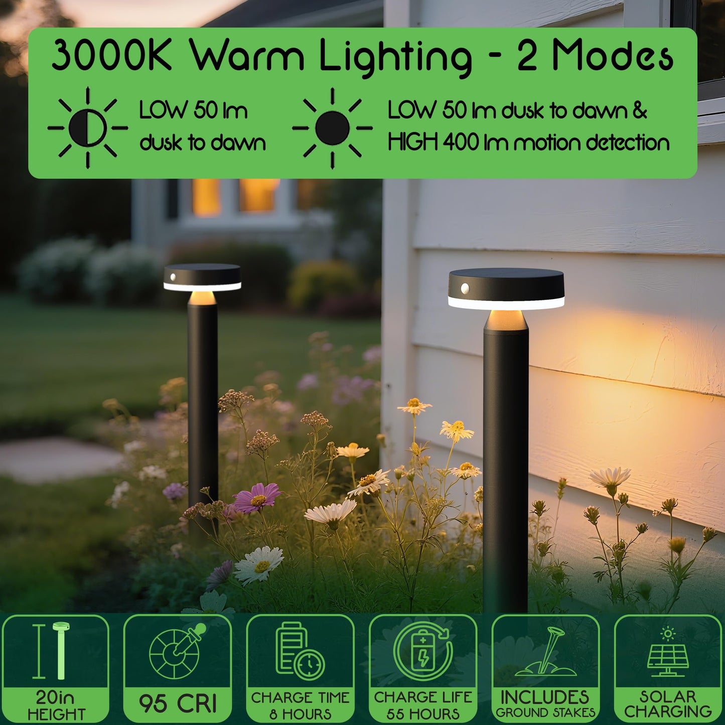 VerLuce - 20" Solar Landscape Lights - Outdoor Solar Lights for Yard - PIR Sensor & Two Light Modes - 50lm & 400lm - Rechargeable Battery Last Up to 55 Hours - 3000K - IP44 Weather Resistant - 2 Pack