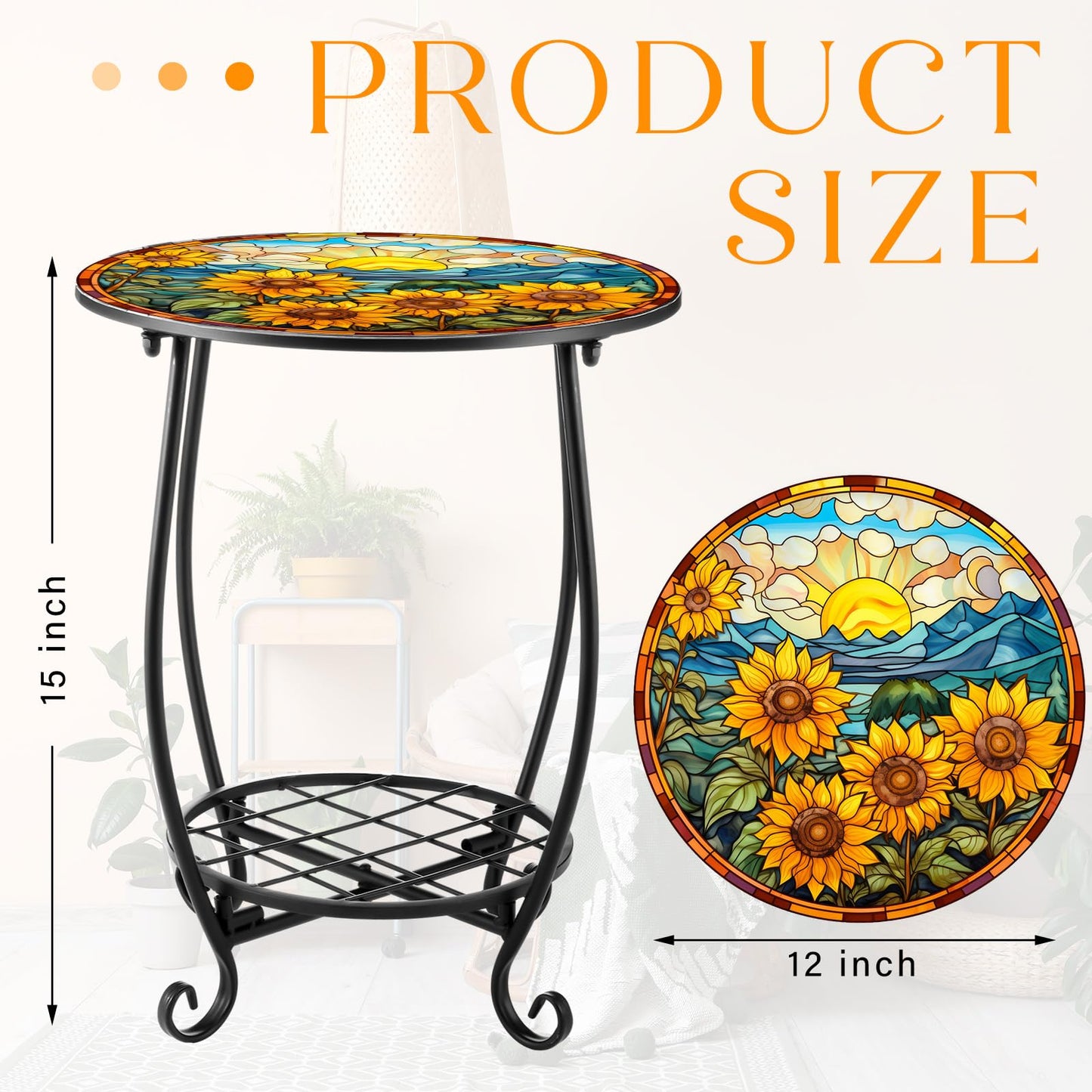 Cinnvoice Outdoor Side Table Round Small Mosaic Patio Accent Indoor End Plant Coffee Tea Table for Yard Patio Porch Garden Living Room, Bedroom(Sunflower Style,12 Inch)