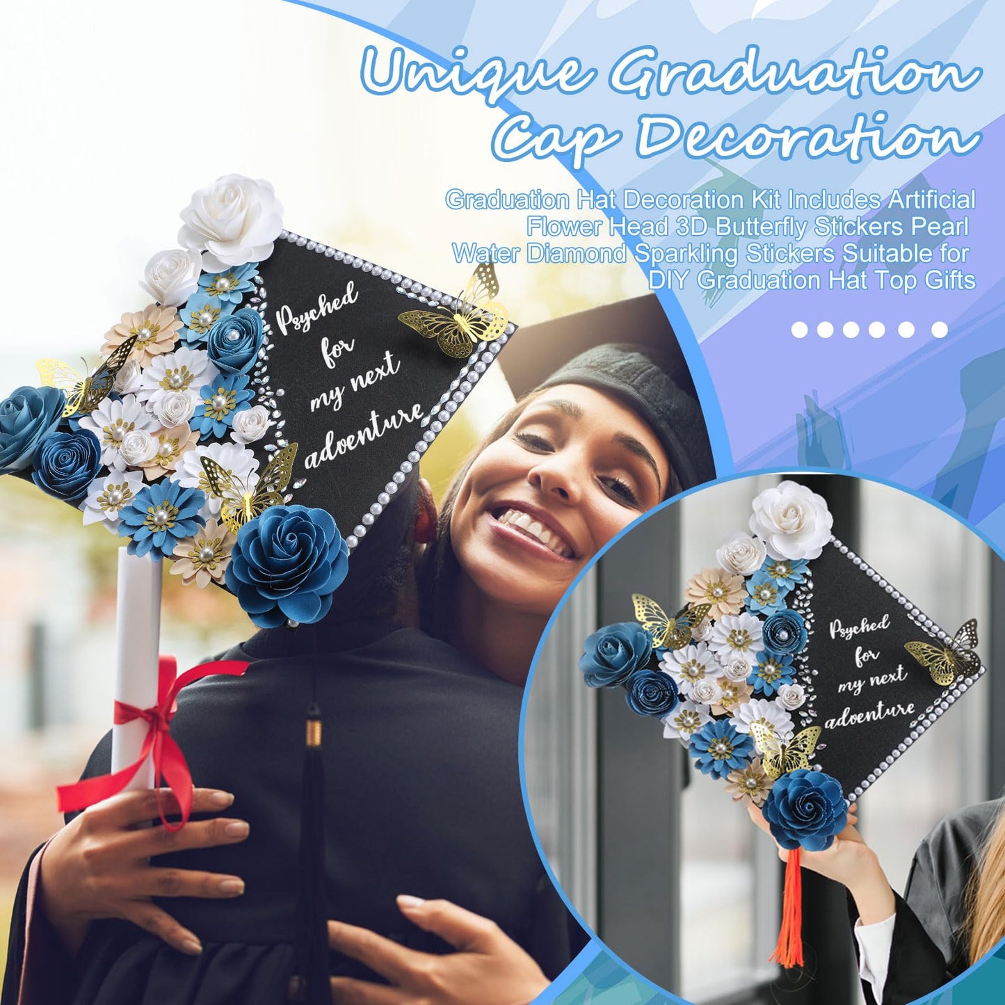 Thiccywoov 43 Pcs Graduation Cap Decorations Kit Includes Artificial Flowers Faux Flower Heads 3D Butterfly Stickers Pearl Rhinestones Glitter Stickers for Grad Cap Topper DIY Graduation Gift(Blue)