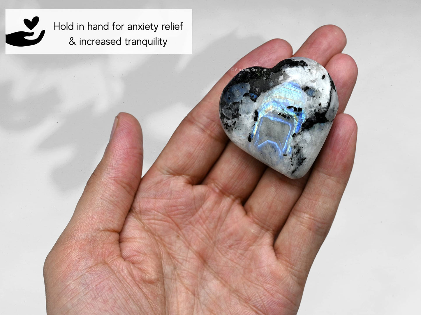 Amazing Gemstone Rainbow Moonstone Crystal Heart Palm Stone - Pocket Massage Worry Stone for Natural Body Chakra Balancing, Reiki Healing and Crystal Grid