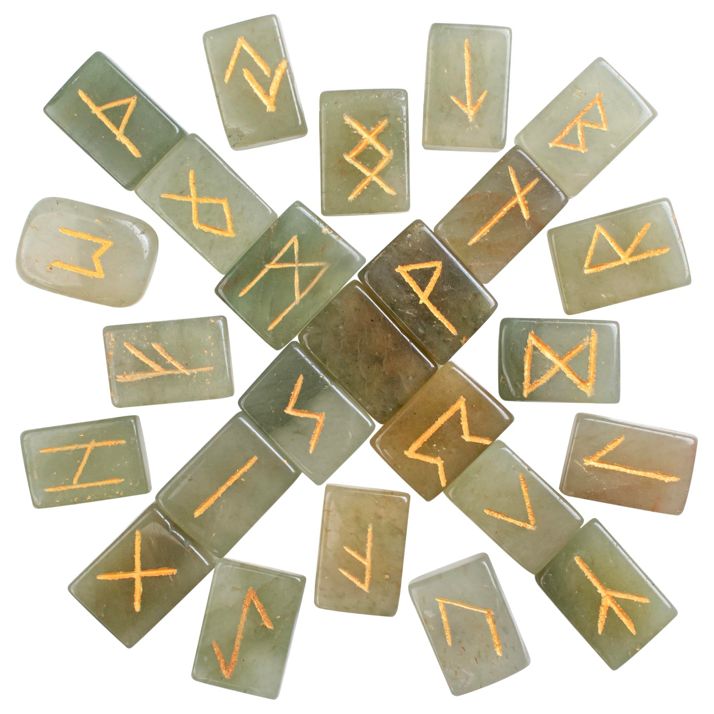 Crocon Green Jade Rectangle Shape Gemstone Runes with Elder Futhark Alphabet Engraved 25 pcs Rune Set Crystal Divination Metaphysical Healing Chakra Reiki Runes Set with a Pouch Size : 20-25mm