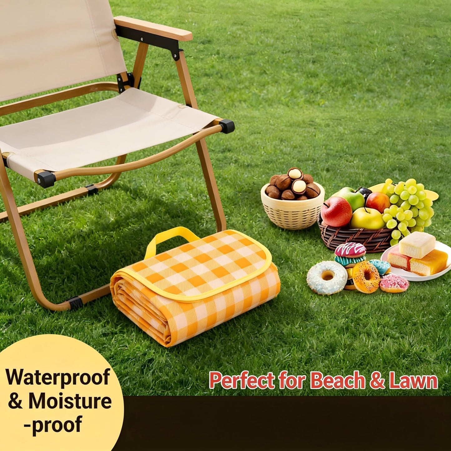 Loulangems Extra Large 2m x 2m Orange Plaid Picnic Mat, Sandproof Waterproof Outdoor Blanket, Orange Plaid Picnic Blanket for Campin and Hiking, Machine Washable