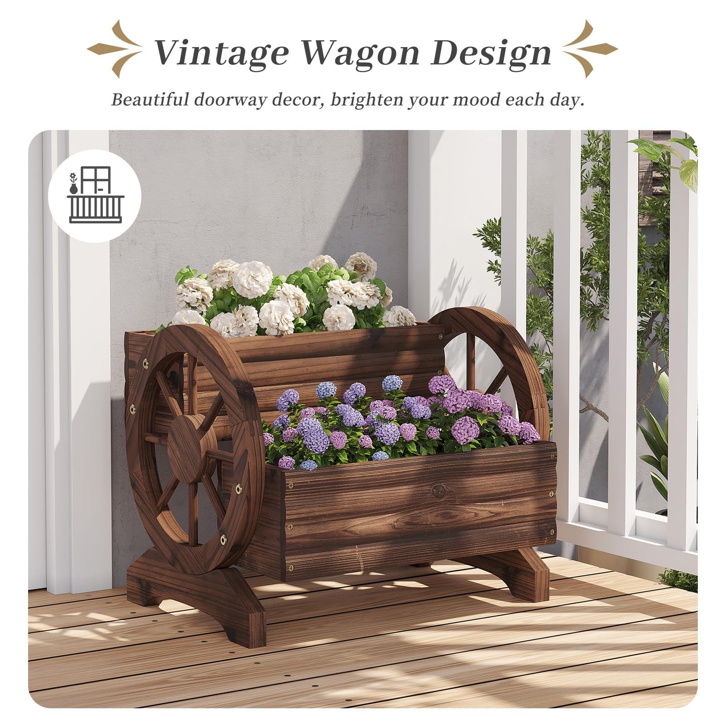 Kitsanery Wooden Planter Box,Planters for Outdoor Plants, Flower Cart for Patio Garden Balcony, Backyard Decor Garden Planters with Wheels for Flowers,Vegetables (Carbonised Colour (Dark Brown))