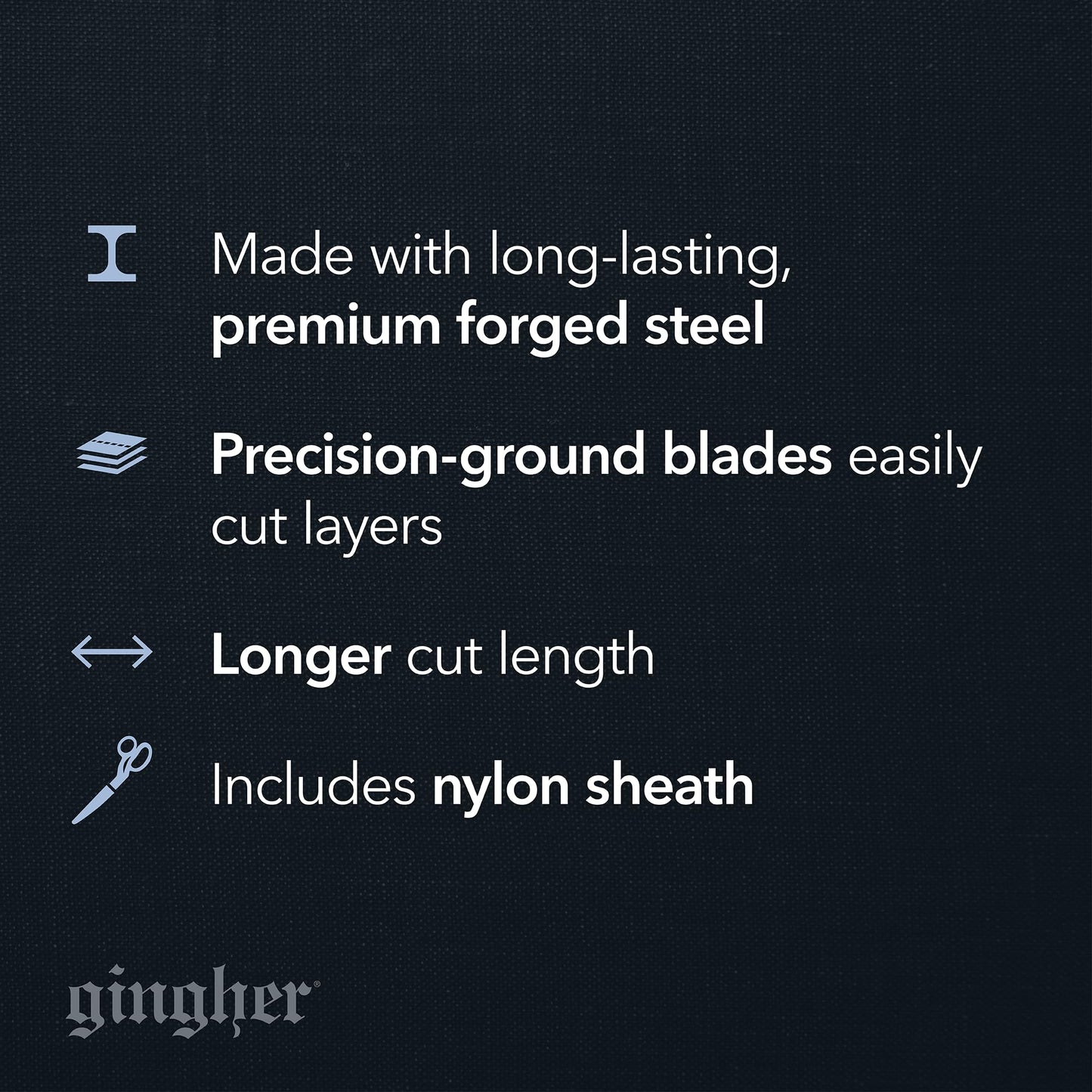 Gingher 8" Serrated Dressmaker's Fabric Scissors with Protective Sheath, Stainless Steel Shears that Grips Fabric, Sharp Knife Edge Fabric Scissors, Chrome Plated Nickel Finish