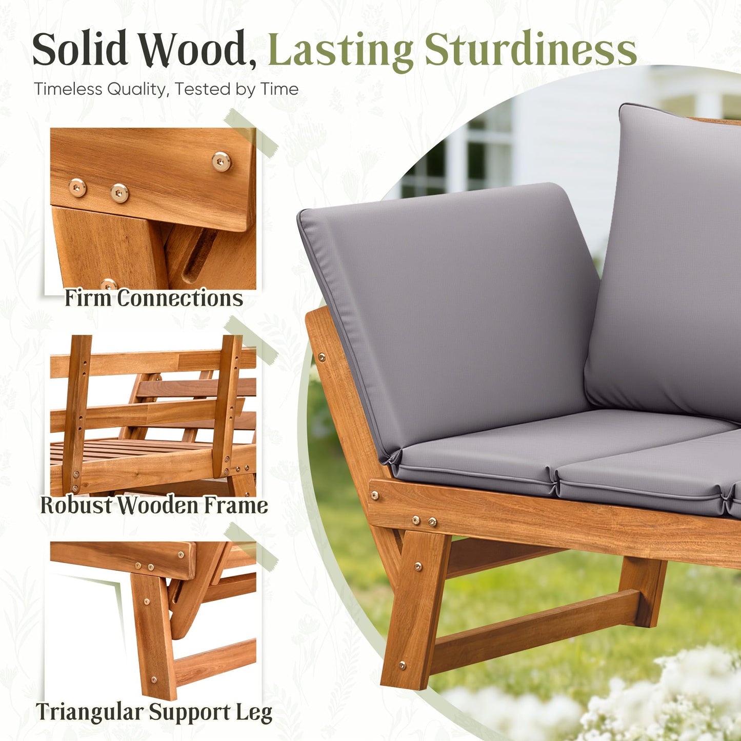 Flamaker Outdoor Couch with Adjustable Armrests, Acacia Wood Patio Loveseat with Soft Cushions, Convertible Patio Furniture for Balcony, Porch, Backyard (Grey)