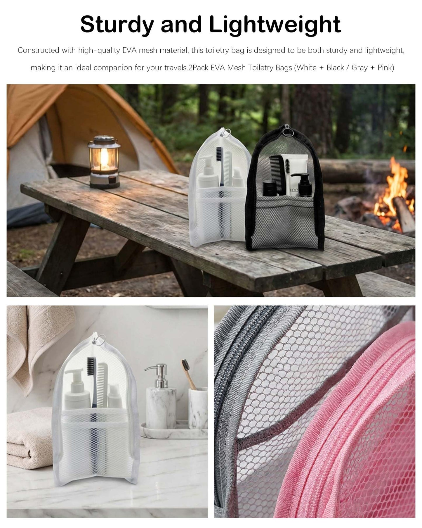 2 Pack EVA Mesh Toiletry Bag - Standing & Foldable Travel Toothbrush Storage, Waterproof and Portable for Camping, Outdoor Activities, Home Storage, Gifts for Women, Men, Travelers (Grey+Pink)