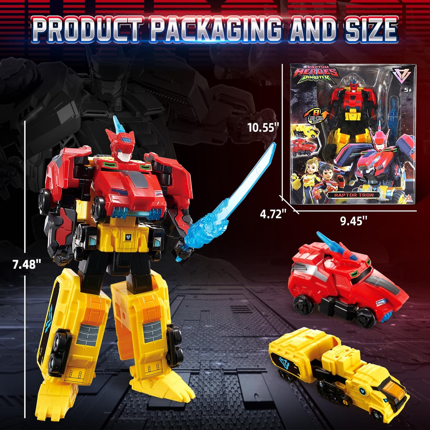 QUANTUM HEROES DINOSTER Transforming Toys, 2-in-1 Transforming Robot Raptor Tron, 7.48-inch Action Figure Children's Robot Toy, Cool Transforming Toys for Boys and Girls Age 5+, Red and Yellow