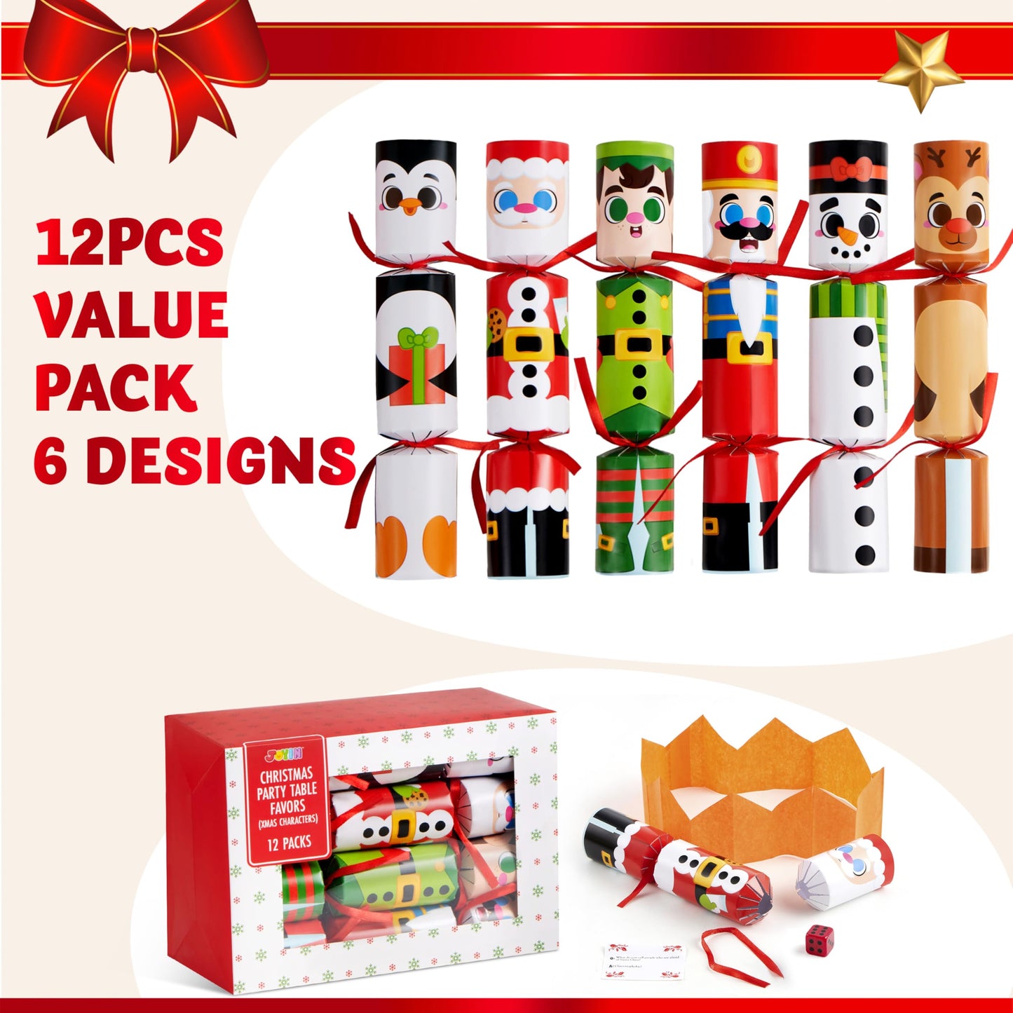 JOYIN 12 Pack Christmas No-Snap Party Favor, Xmas Table Favor Includes Party Hat, Jokes & Gifts, Christmas Table Decorations for Holiday Dinner Traditions Party Supplies, Stocking Stuffers for Kids