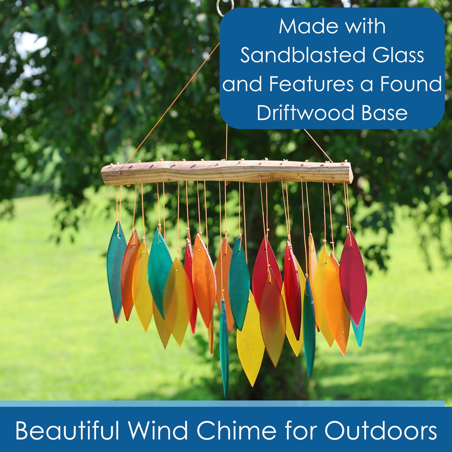 Blue Handworks Santa Fe Glass Chime, Sandblasted Glass and Found Wood Handcrafted Wind Chime