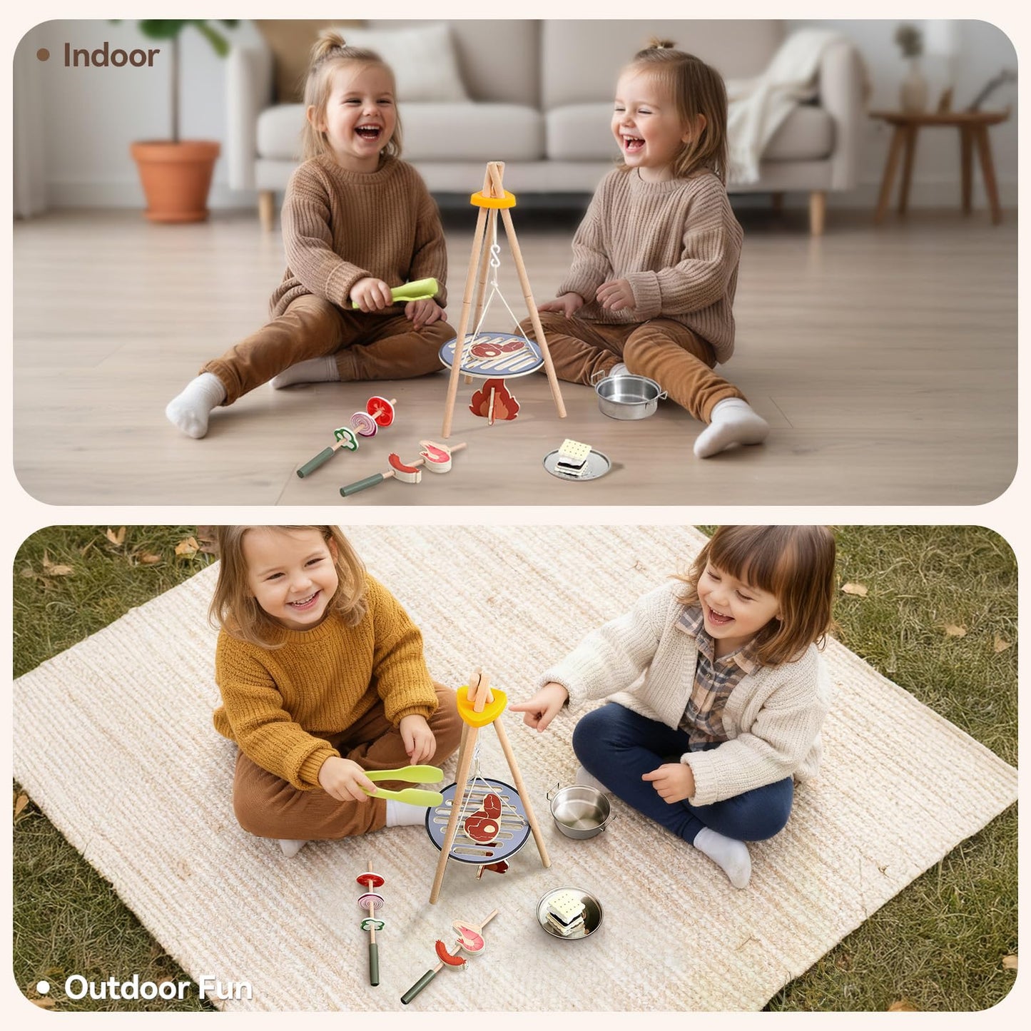 Wooden Kids Camping Toy Set, Campfire Cooking Play Set with Tripod Grill, S’Mores & Kebab Skewers, Montessori Pretend Camping Kitchen Gift for Toddlers Ages 3–6