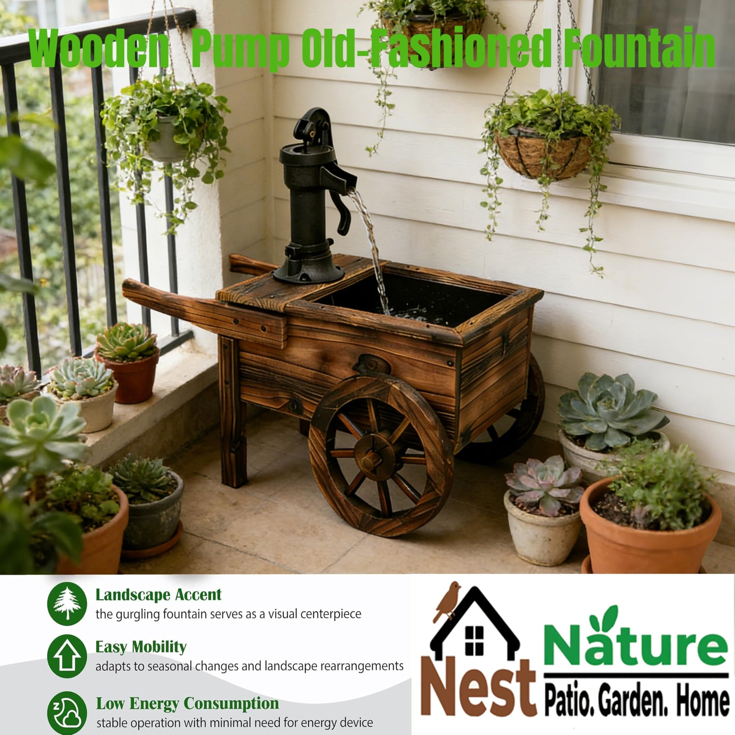 NestNature Outdoor Water Fountain,Wooden Wagon Wheel Pump Old-Fashioned Fountain,Electric Decorative Hand Pump, Outdoor Water Feature for Patio, Garden & Indoor Decoration