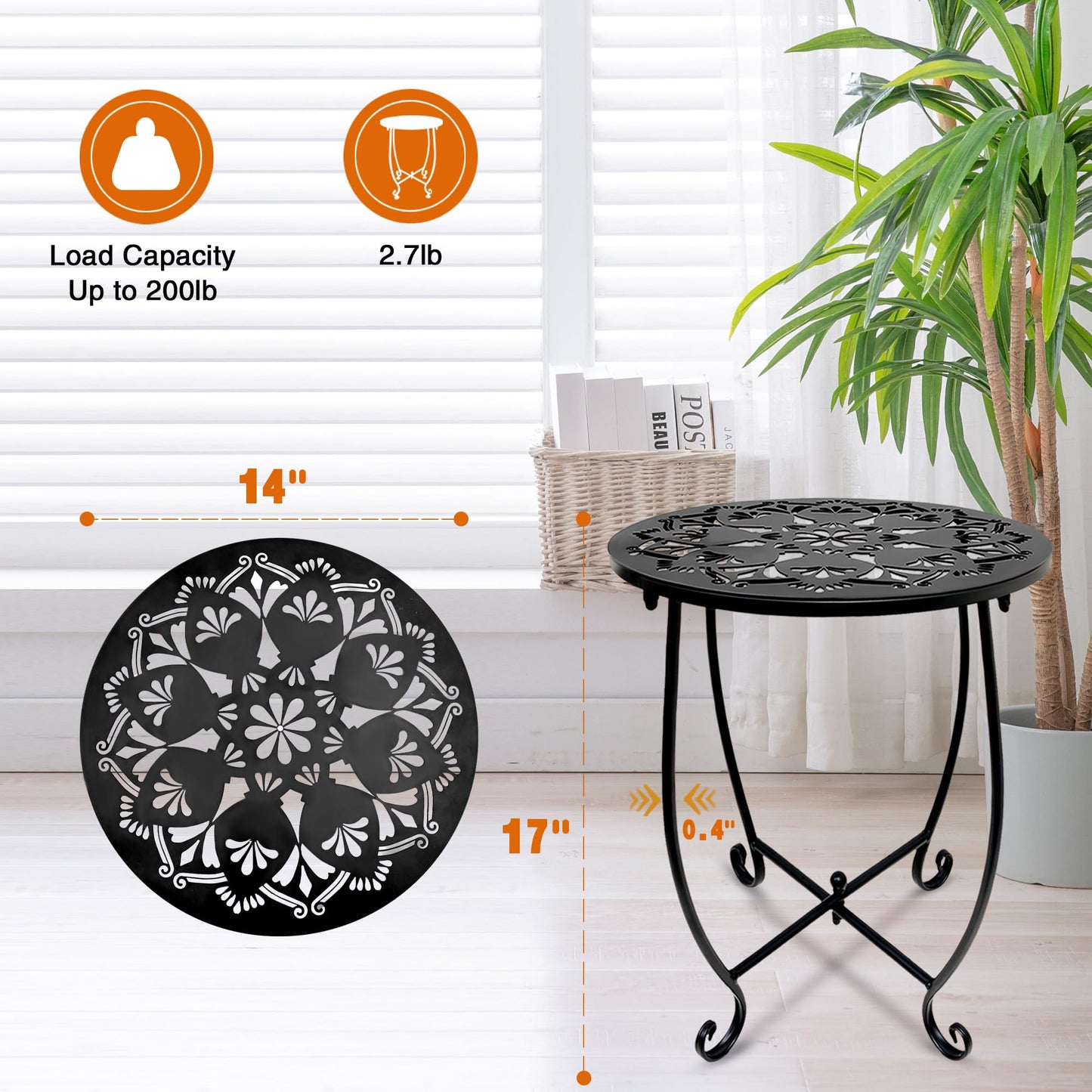 Fashion&cool Outdoor Side Tables, 14 Inch Rust-Resistant Metal Side Table for Outdoor, Round End Table Side Table for Patio Yard Porch Balcony Garden Bedside, Plant Stand (Black)