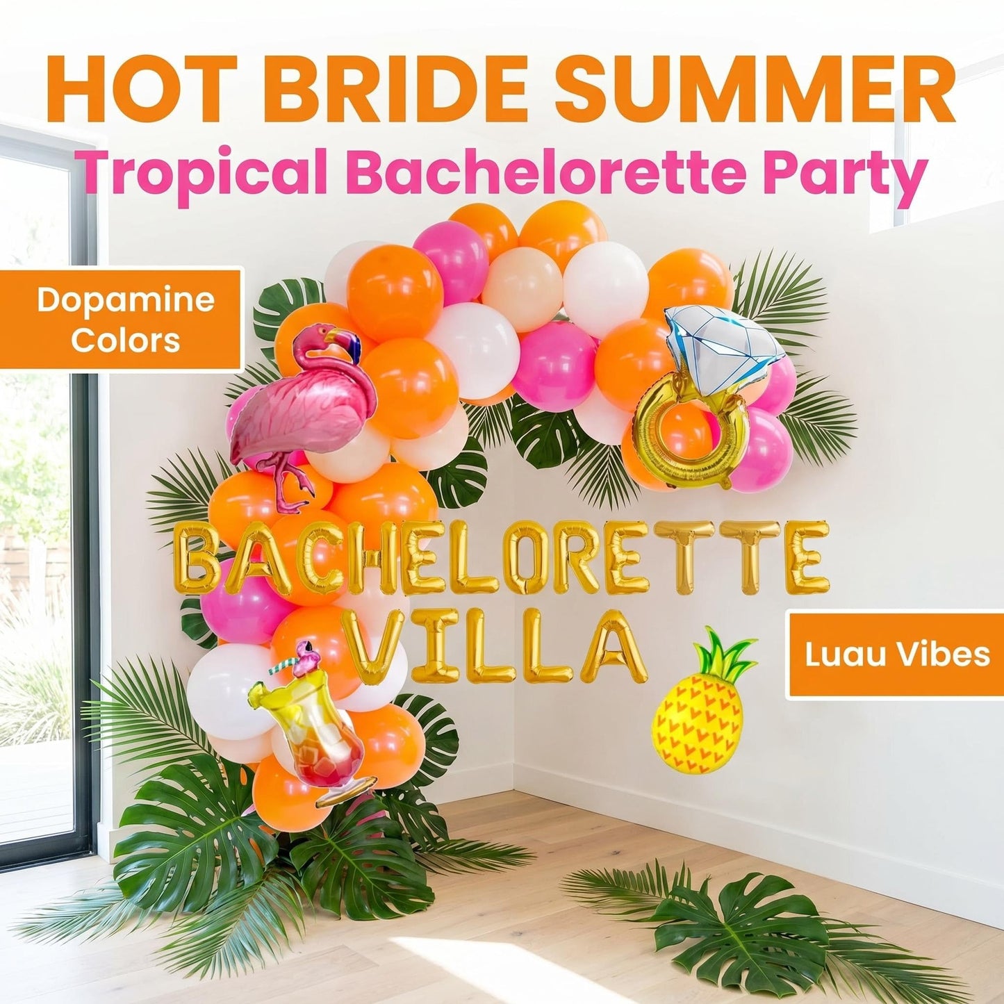 Bachelorette Villa Party Decorations Kit - Tropical Island Theme Balloon Banner with Flamingo, Pineapple, and Giant Ring Balloons - Beach Bridal Shower, Luau Party Supplies, Hot Bride Summer Backdrop