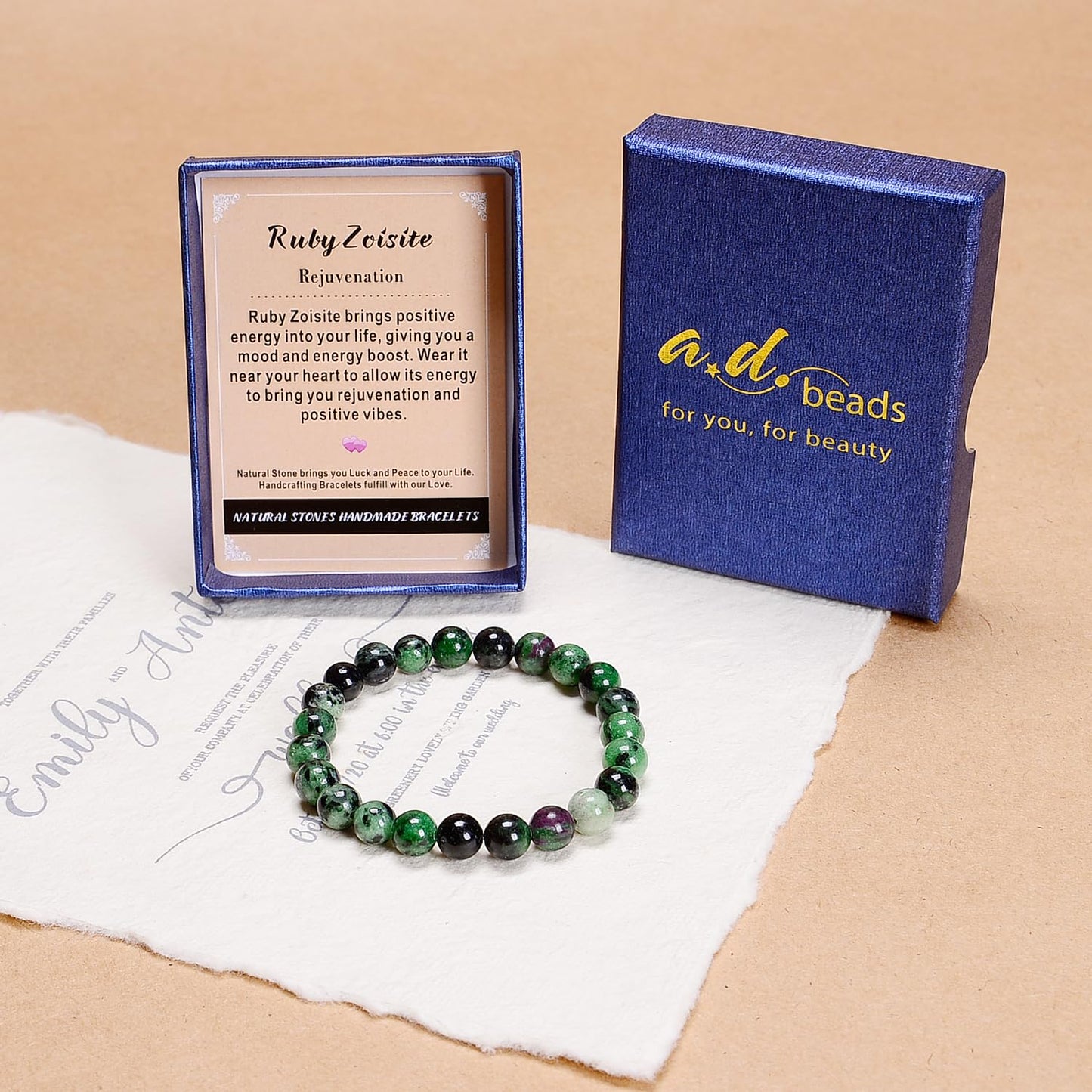 AD Beads Handmade Gemstone Stretch Elastic Bracelet Crystal Healing Reiki Nature's Beauty and Spiritual Essence Unisex (4mm, Ruby Zoisite (Rejuvenation))