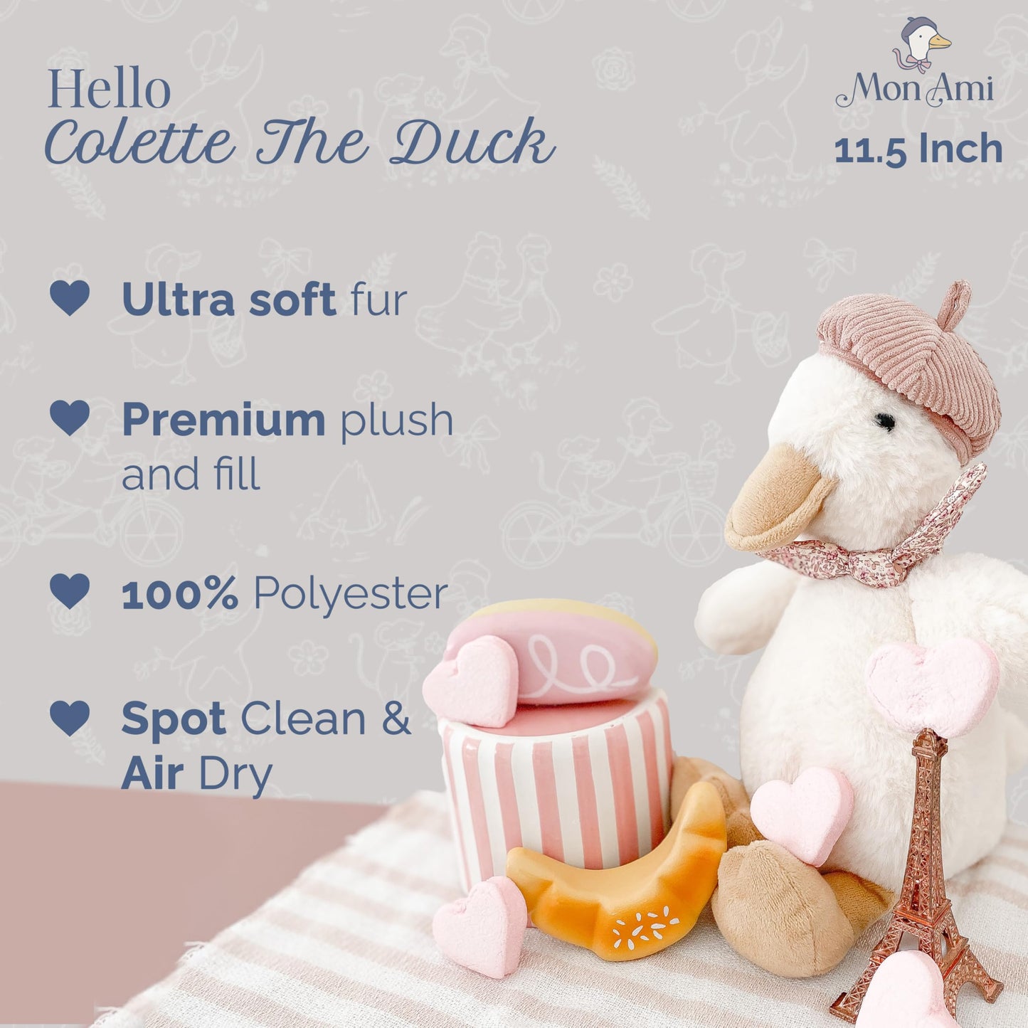 MON AMI Colette The Duck 11.5-Inch Stuffed Animal for Boys & Girls | Soft Duck Plush Toy | Cute Playtime Companion | Nursery & Room Décor | Gift for Birthdays & Showers