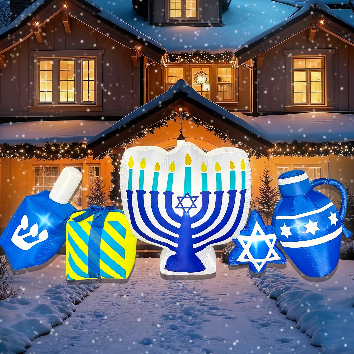 BLOWOUT FUN 8FT Hanukkah Inflatables Menorah Dreidel Gift Box Star Combo Built-in LED Lights Chanukkah Inflatable Decor Hanukkah Blow Up Decorations Outdoor Indoor Yard Garden Lawn Home Party