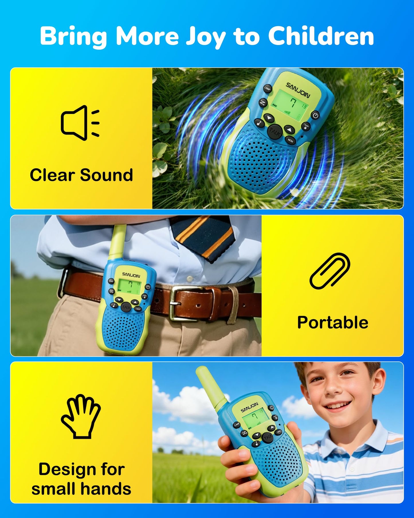 SANJOIN Rechargeable Walkie Talkies for Kids,Outdoor Toys for 3-12 Years Old Boys Girls for Outside, Hiking,Camping Games Walkie Talkie 2000 mAH Battery for 3-6 7-9 10-12 Years,2 Pack