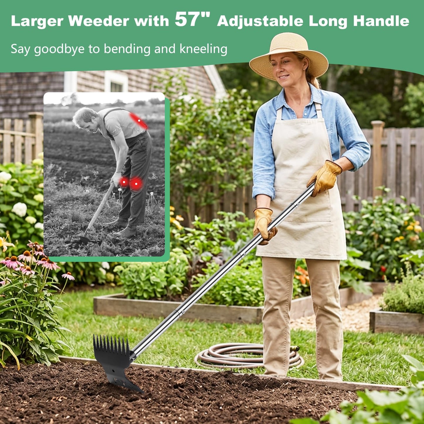 Larger Weed Puller Tool with Long Handle, Heavy Duty 10 Teeth Weed Rake & Hoe Garden Tool for Weeding, 57" Garden Hoe Weed Remover Tool with Detachable Handle, Manual Weeder for Garden Yard Lawn Patio