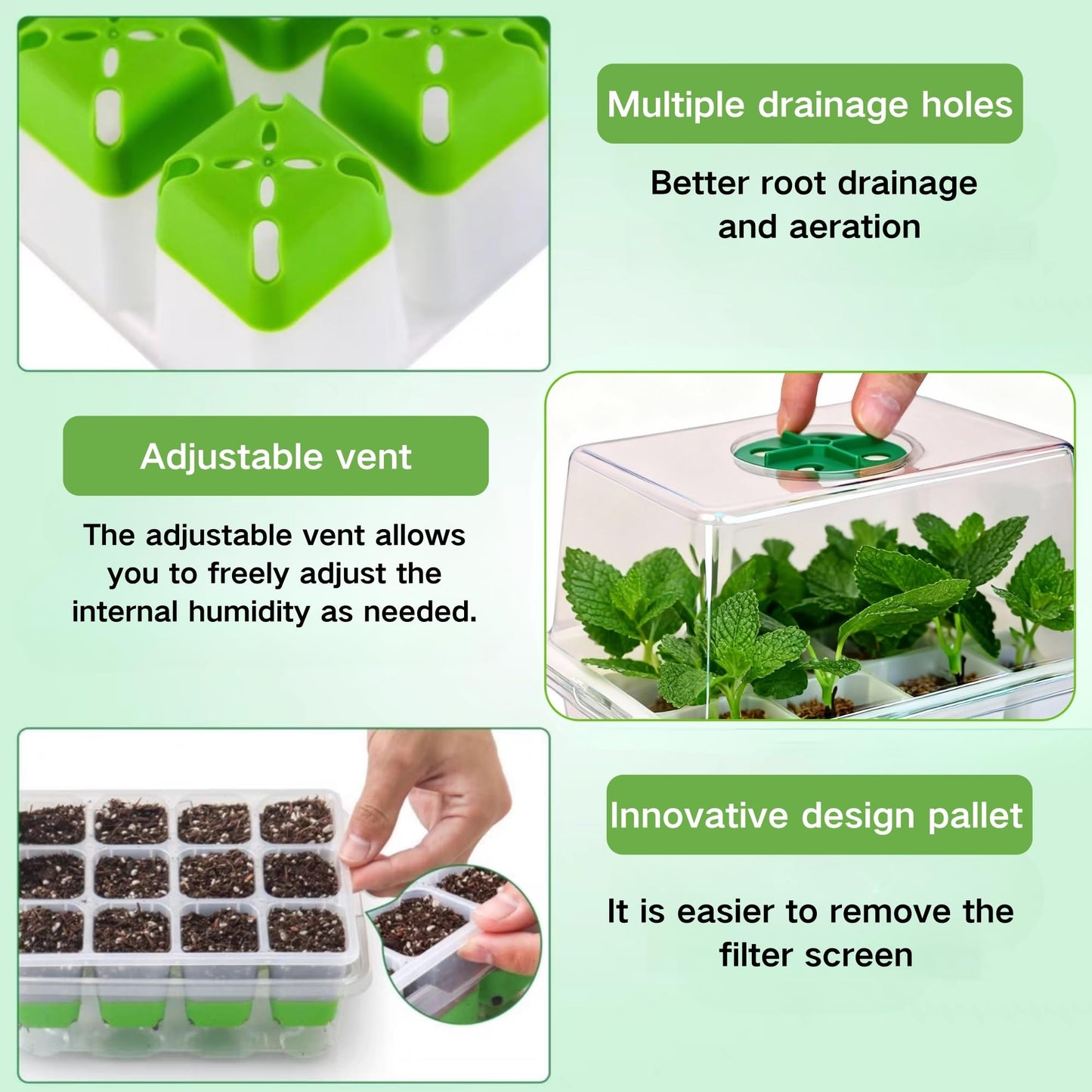 ZSYWODFO Silicone Seed Starter Tray with Humidity Dome, Indoor Seedling Starter Kit, 5-Pack Flexible Germination Trays - Adjustable Vent, Reusable & Dishwasher Safe for Herbs/Vegetables/Flowers