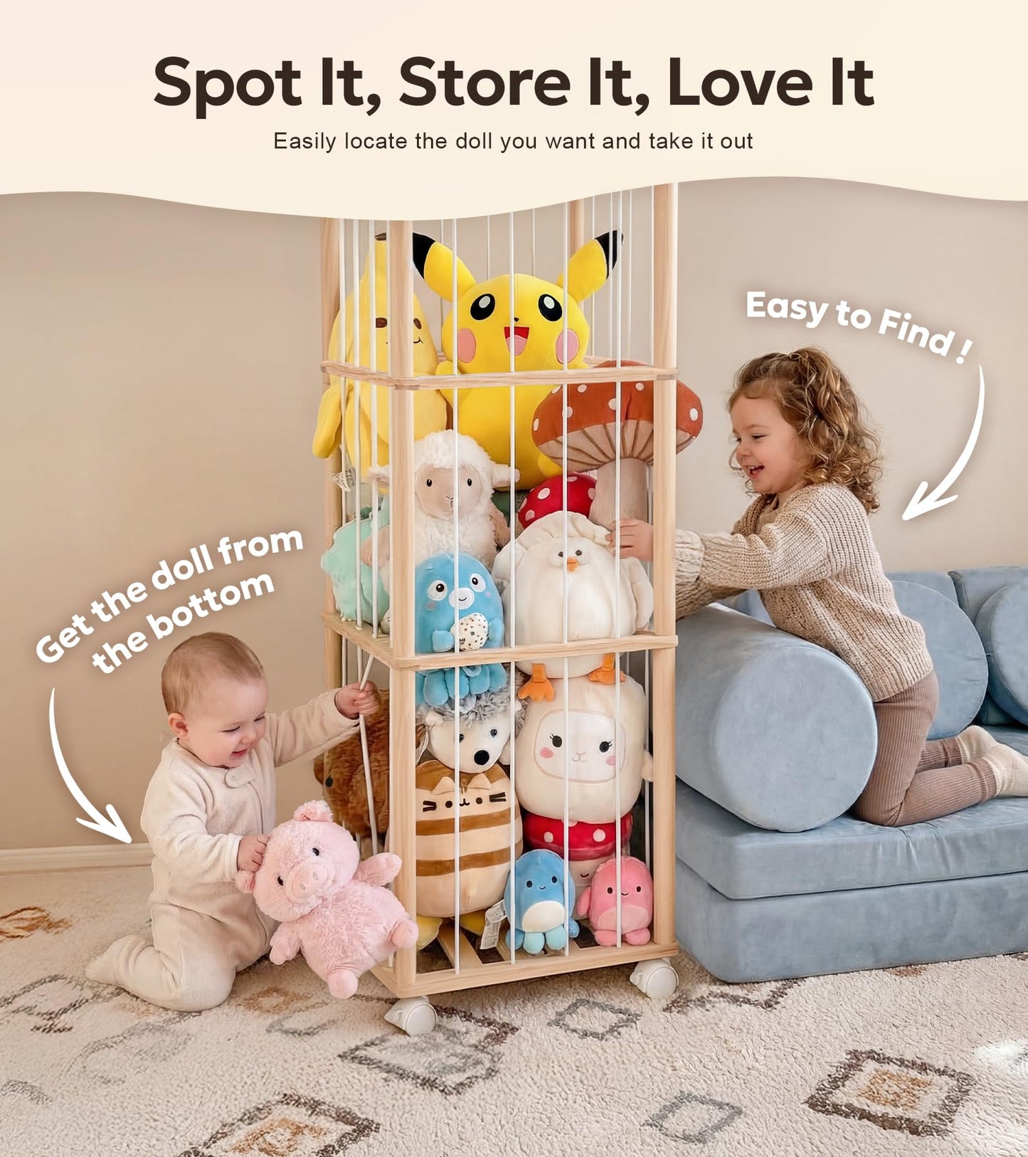 Mallify Stuffed Animal Storage, 54 Inch Wooden Stuffed Animal Zoo with Brake Wheels, Large Capacity Plush Toy Organizer for Nursery Playroom Bedroom