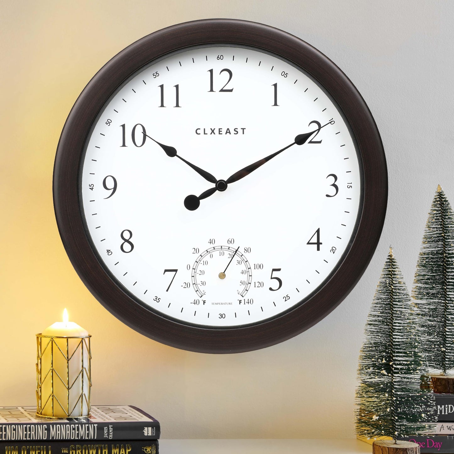 CLXEAST 10.4 Inch Indoor Outdoor Clocks Waterproof,Outdoor Clock with Temperature for Bathroom,Patio, Pool,Kitchen,Oil Rubbed Bronze Black Finish,House Warming Gifts New Home
