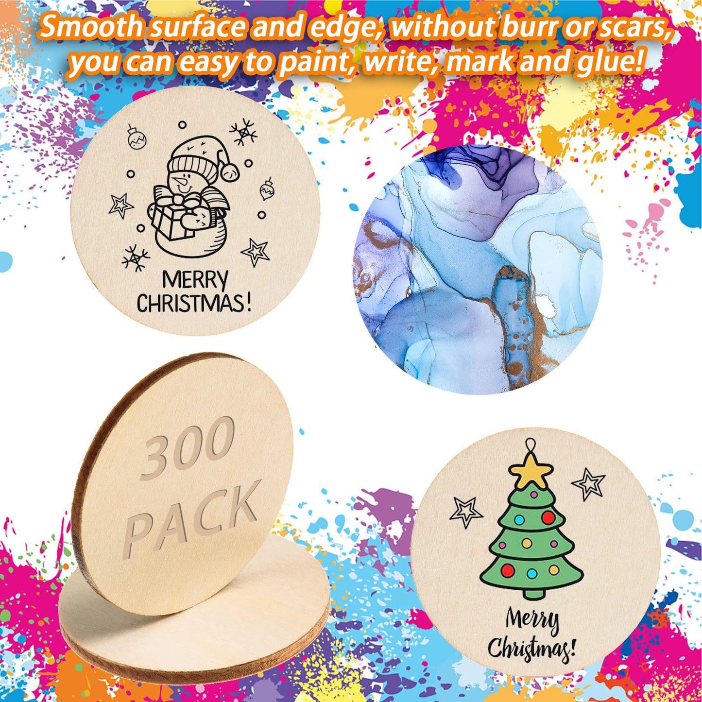300 Pieces 2 Inch Unfinished Round Wood Slices Rounds Wooden Discs Wood Circles for Crafts Wood Blanks Round Cutouts Ornaments Slices for DIY Art Crafts Christmas Decorations