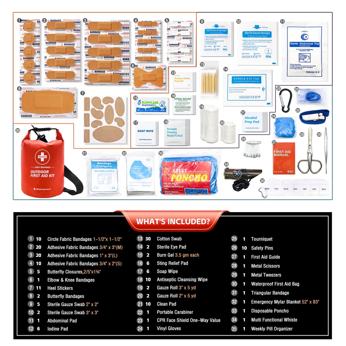 RIGRIG Waterproof First Aid Kit 186 Pcs Survival Gear, Portable Small Boat Dry Bag Bug Out Bags, Emergencies Medical Kit Ideal for Boating, Fishing, Hiking, Camping, Kayaking (Red)