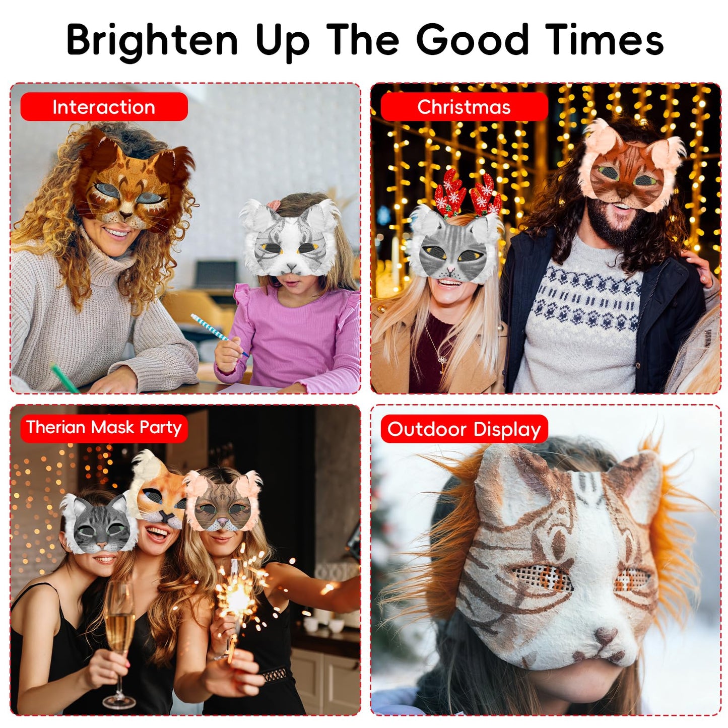 Blurap 124 PCS Therian Mask Kit Cat Masks to Dress Up DIY Therian Cat Mask Set with Fur Eye Mesh Stickers Furry Masks for Christmas Easter Crafts Masquerade Cosplay Party