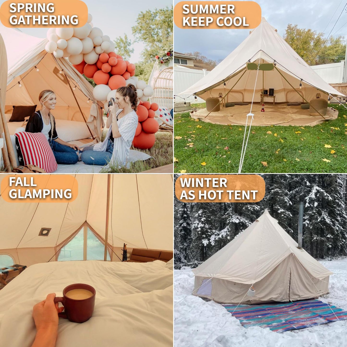 DANCHEL OUTDOOR 4 Season Canvas Yurt Tent with Large Wood Stove, Heavy Duty Bell Tent with Stove Jack 4 Person Winter Camping Glamping, 13ft/4m