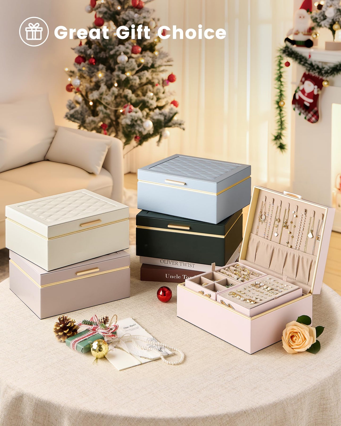 Lolalet Cream 2 Layer Jewelry Box Organizer and Cloud White Travel Jewelry Case Organizer Bundle, Jewelry Storage and Travel Solution