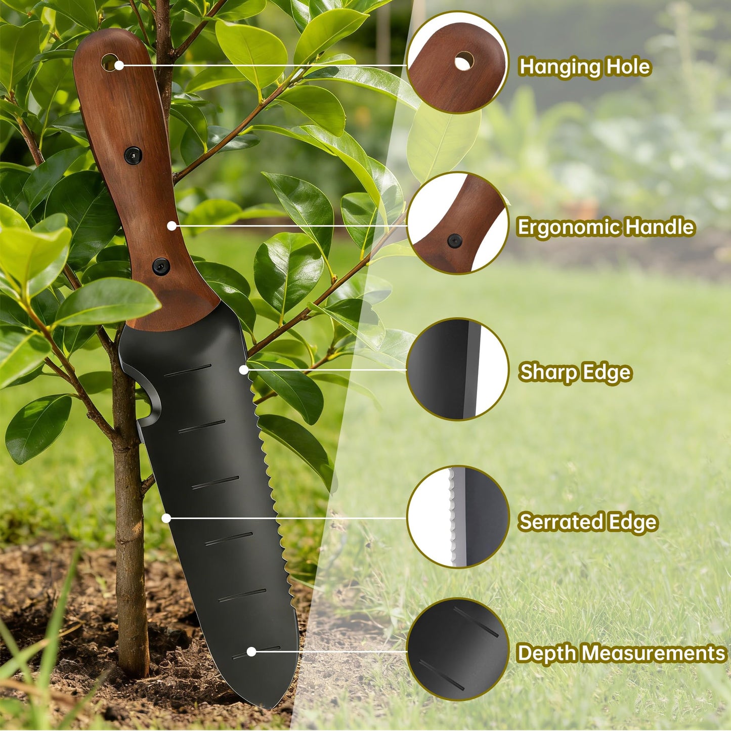 Troispot 12-Inch Garden Trowel with Full-Tang Wooden Handle & Black Stainless Steel Blade, Durable Tool for Digging, Weeding, Planting, Includes Knitted Storage Bag