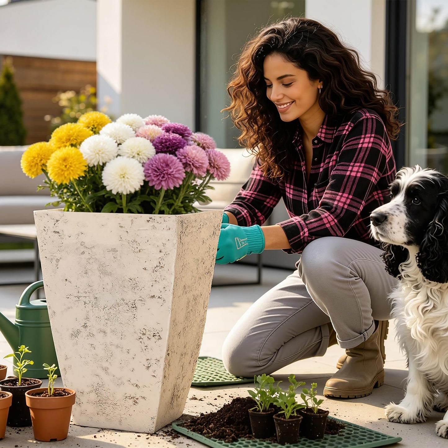 Ultym 19" H Country White Square Planters for Outdoor Plants, Set of 2 Large Flower Pot with Drainage Hole, Weather-Resistant for Porch,Garden, Patio or Indoor Use
